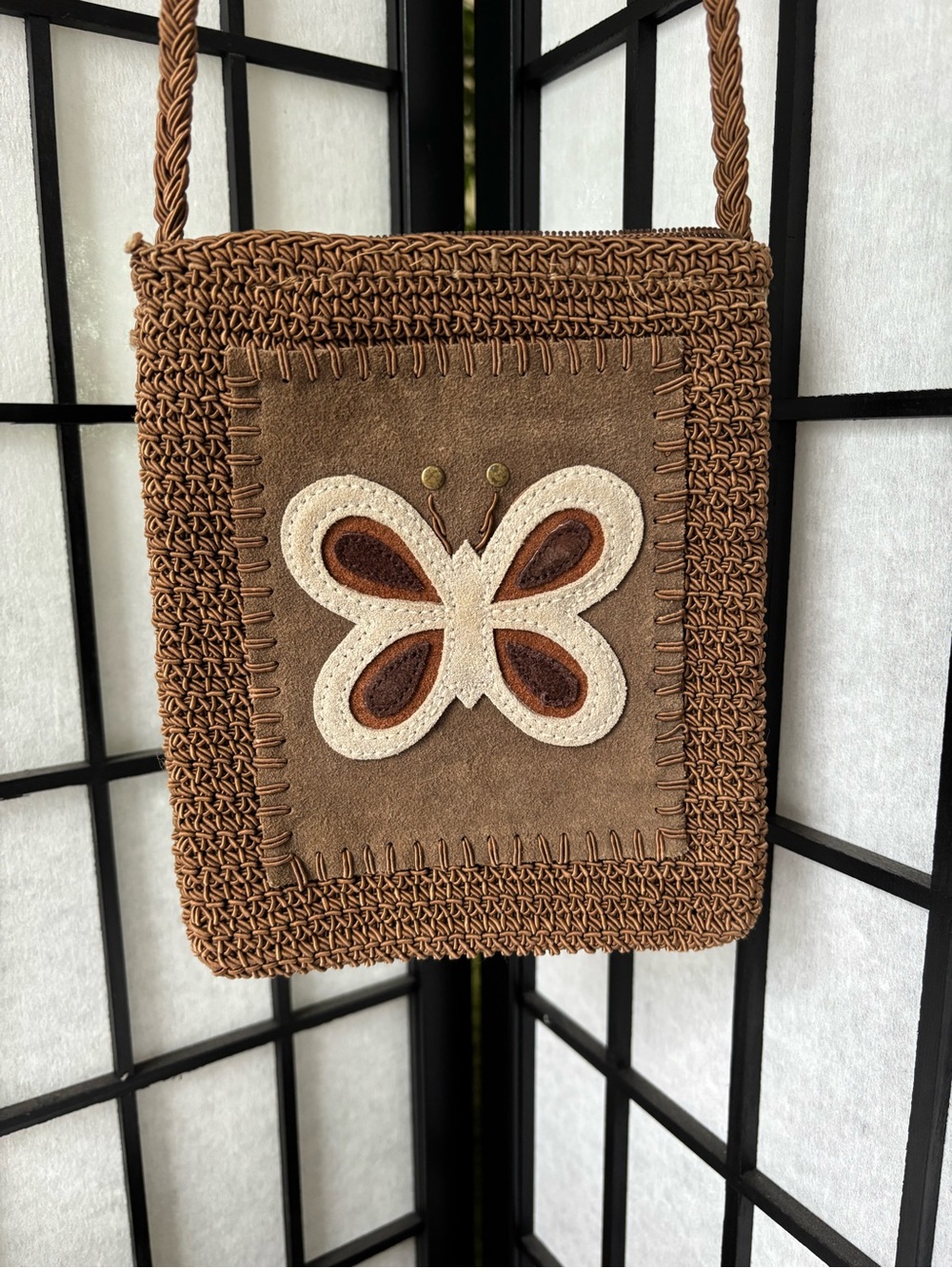 Handcrafted Brown Butterfly Crossbody Bag